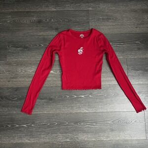 Hollister Y2K Red Chinese Style Dragon Graphic  Long Sleeve‎ Crop Top Size Small